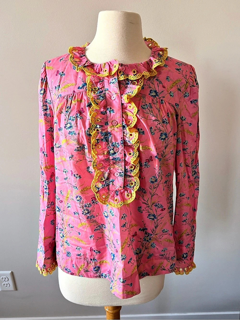 J.Crew Ruffle Eyelet-Trim Blouse in Liberty Fabric Liberty Fabric Pink & Yellow